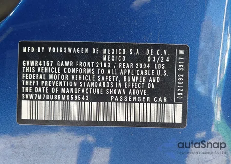 2024 Volkswagen Jetta 1.5T Se z USA, uszkodzony, nr VIN 3VW7M7BU8RM059543